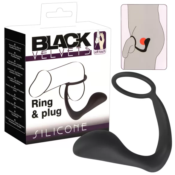 Crni baršun - analni plug s prstenom za penis (crni)