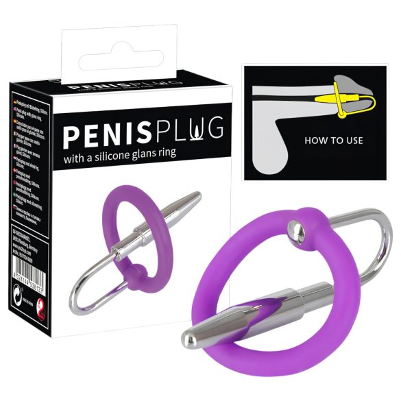 Silikonski prsten za penis sa čepom za mokraćnu cev (ljubičasto-srebrni)