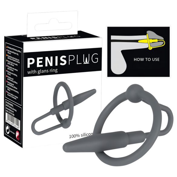 Penisplug - silikonski prsten za glavu s urinarim čepom (siva)