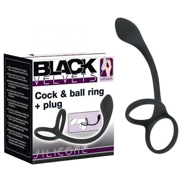 Crni Velvet - analni dildo s tankim prstenom za penis i testise (crni)