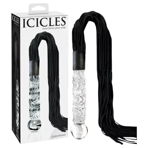 Icicles No. 38 - kožni bič i stakleni dildo (providno-crni)