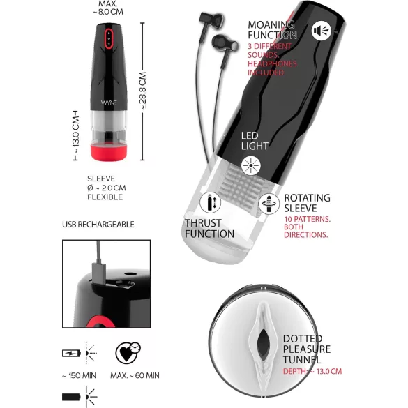 WYNE 05 - punjivi rotirajući masturbator (crno-beli)