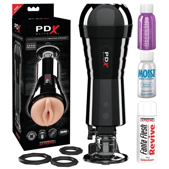 PDX Cock Compressor - usisni, vibrirajući masturbator za muškarce (crni)