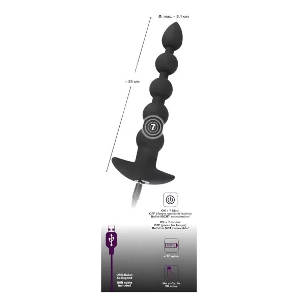 Black Velvet - punjivi crni analni vibrator sa 5 perli