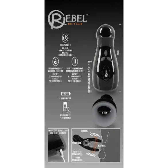 Rebel - grejni, vibrirajući masturbator s pokretnom funkcijom (crni)