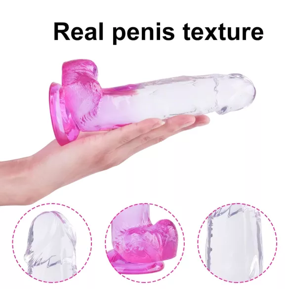 Sunfo - Dildo sa vakumskim postoljem i testisima - 22cm (prozirno-ljubičasta)
