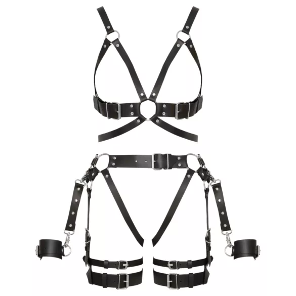 ZADO - višedelni kožni harness set sa lisicama - crni - L/XL