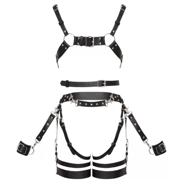 ZADO - višedelni kožni harness set sa lisicama - crni - L/XL