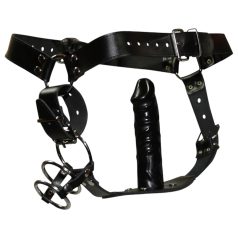 ZADO - Kožne tangice s dildom, 3 prstena za penis - L/XL