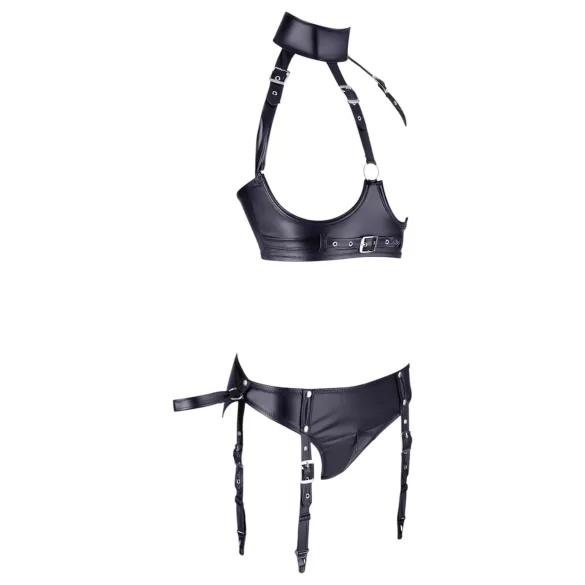Cottelli Bondage - sjajni set sa podizačem grudi i lisicama (crni) - XL