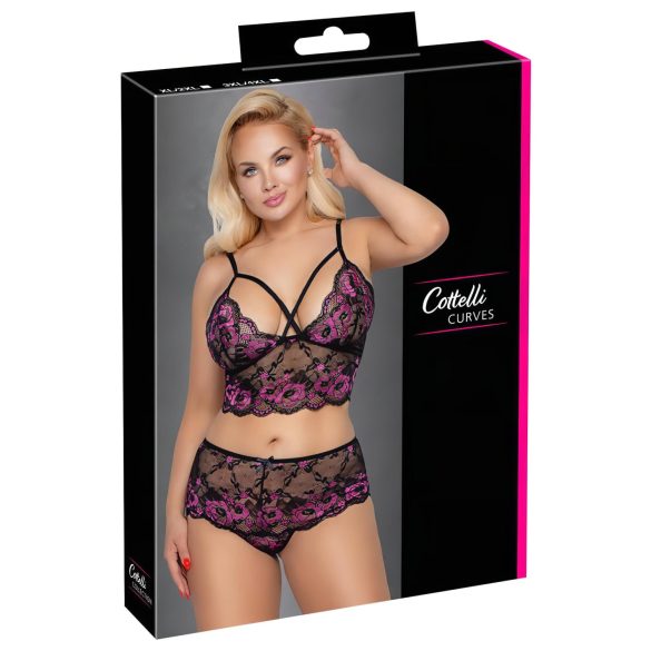 Cottelli Plus Size - cvetni grudnjak komplet (crno-ljubičasti)