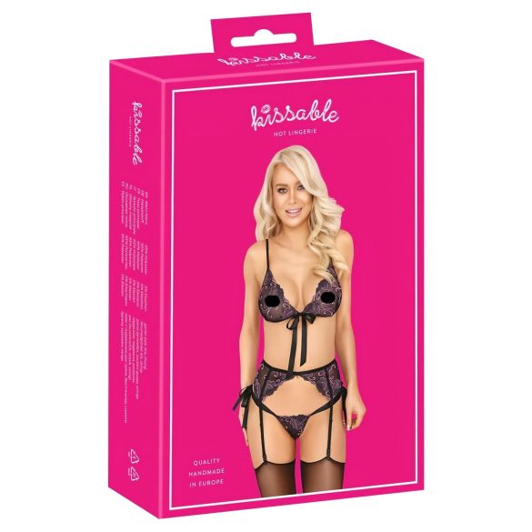 Poljubivi - roze-ljubičasti vezeni grudnjak set (crno) - L/XL