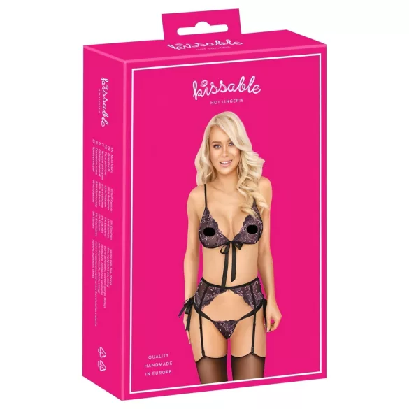Poljubivi - roze-ljubičasti vezeni grudnjak set (crno) - L/XL