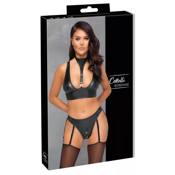 Cottelli Bondage - sjajni grudnjak set sa lisicama (crna) - M