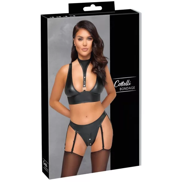 Cottelli Bondage - sjajni grudnjak set sa lisicama (crna) - M