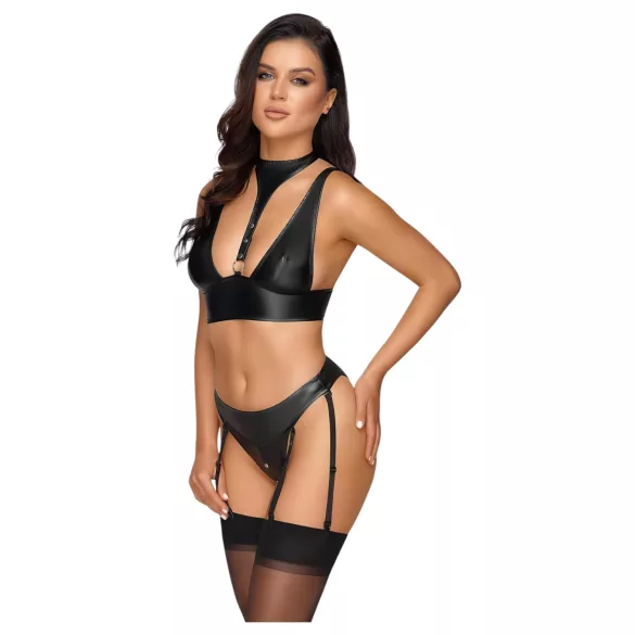 Cottelli Bondage - sjajni grudnjak set sa lisicama (crna) - M