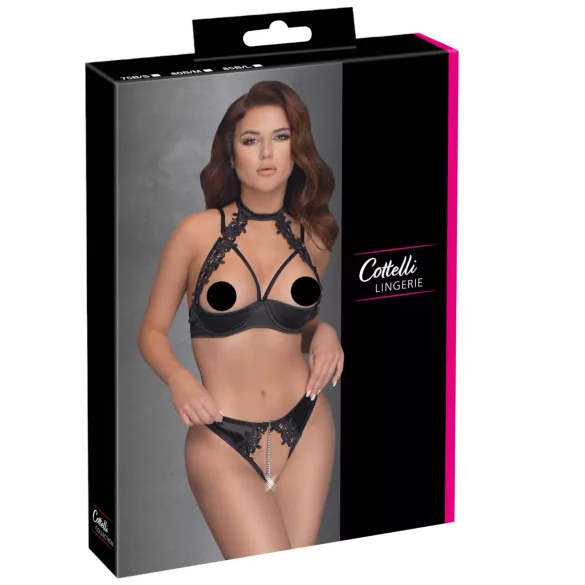 Cottelli - Čipkasti set sa vratnim kaišem za pridizanje grudi (crni) - 80B/M