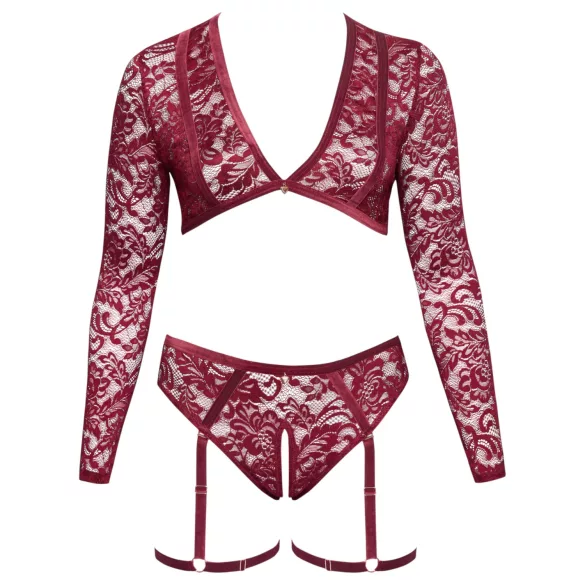 Cottelli Curves - komplet od čipke sa dugim rukavima (crvena) - 2XL