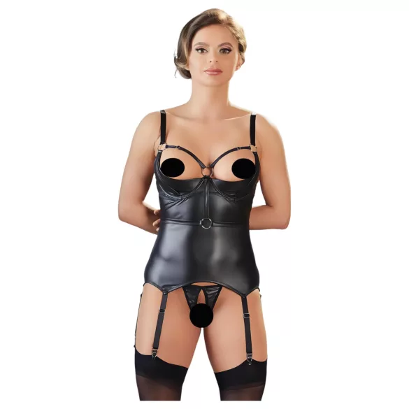 Cottelli Bondage - sjajni top s lisicama za podizanje grudi (crni) - L