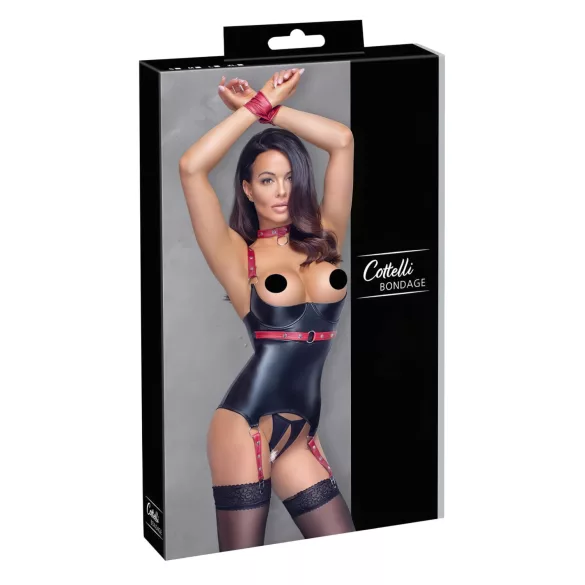 Cottelli Bondage - Sjajni top sa okovratnikom za podizanje grudi (crni) - XL