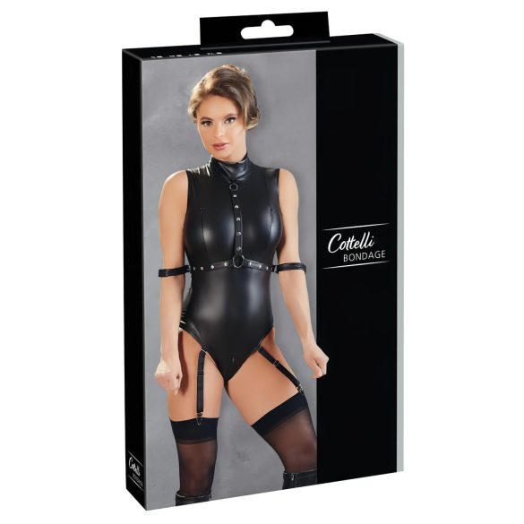 Cottelli Bondage - sjajni bodi bez rukava i lisice (crno)