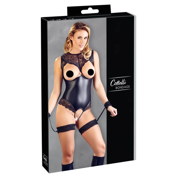 Cottelli Bondage - sjajni otvoreni bodi sa lisicama (crna)