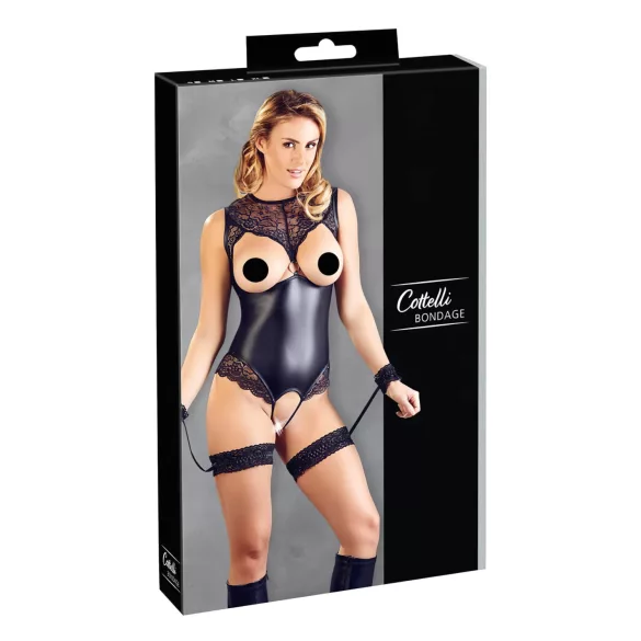 Cottelli Bondage - sjajni otvoreni bodi sa lisicama (crna)