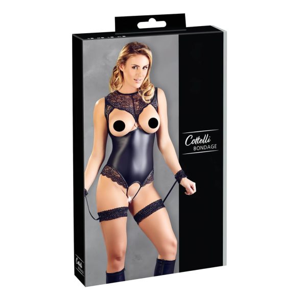 Cottelli Bondage - sjajni otvoreni bodi sa lisicama (crna) - XL