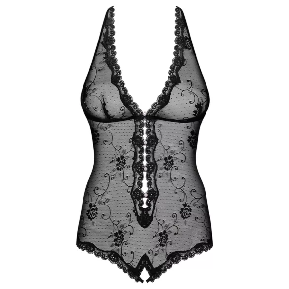 Obsessive Fiorenta - biserni, otvoreni čipkasti bodi (crni) - L/XL