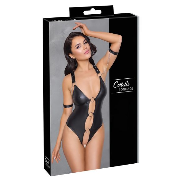 Cottelli Bondage - sjajni, otvoreni bodi sa prstenom (crni)
