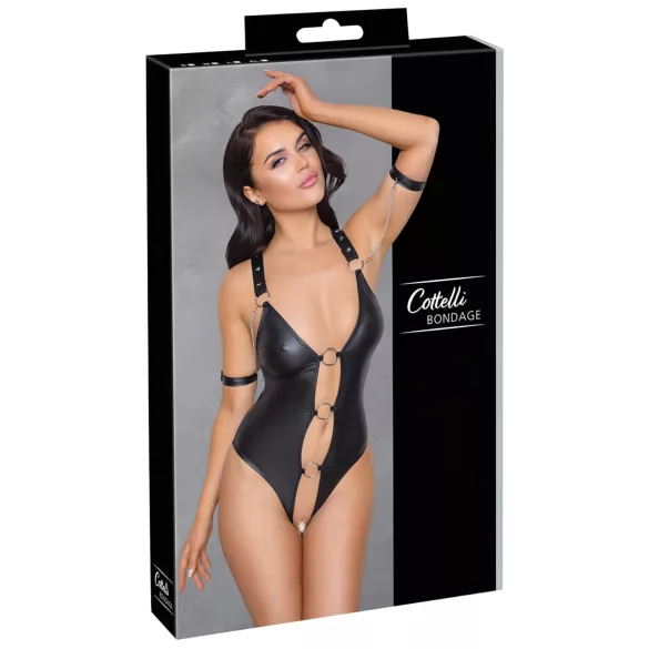 Cottelli Bondage - sjajni, otvoreni bodi sa prstenom (crni) - L