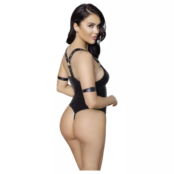 Cottelli Bondage - sjajni, otvoreni bodi sa prstenom (crni) - L