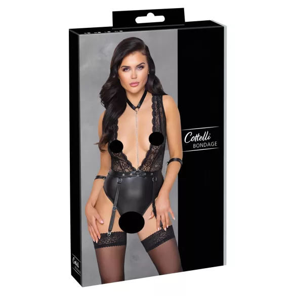 Cottelli Bondage - crni čipkasti body sa okovratnikom - XL
