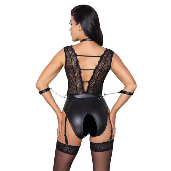 Cottelli Bondage - crni čipkasti body sa okovratnikom - XL