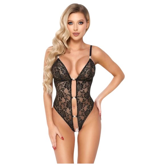 Otvoreni čipkasti body sa cirkonima (crni) - XL