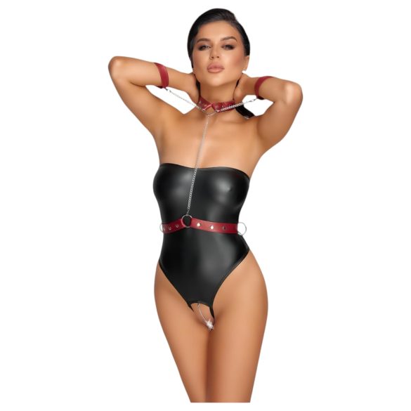 Cottelli Bondage - sjajni bodi i lisice za ruke (crno)