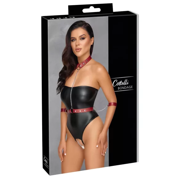 Cottelli Bondage - sjajni bodi i lisice za ruke (crno) - M