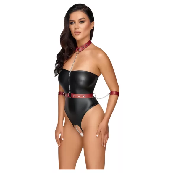 Cottelli Bondage - sjajni bodi i lisice za ruke (crno) - M