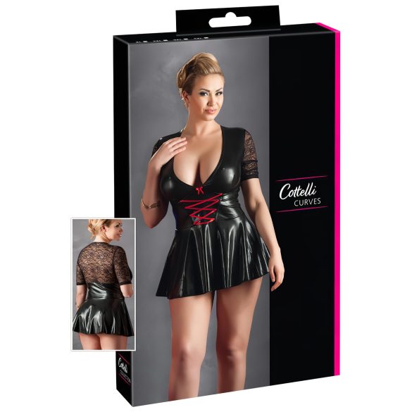 Cottelli Plus Size - sjajna haljina s crvenim korzetom (crna) - XXL