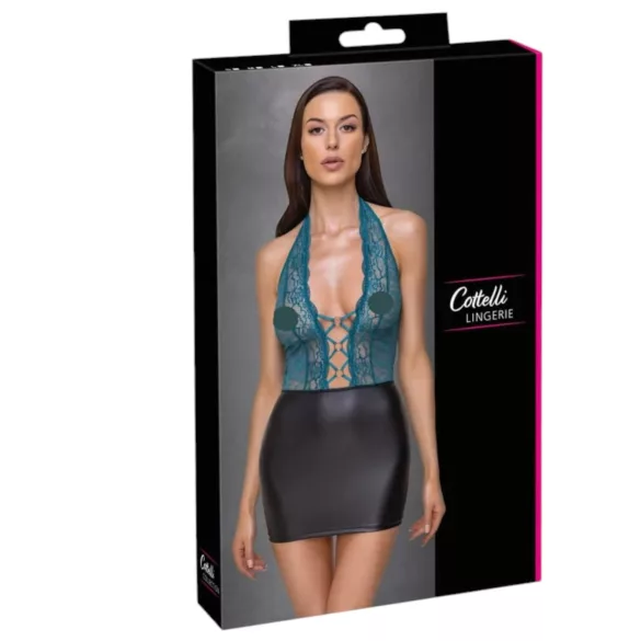 Cottelli - sjajna haljina sa čipkom i vezicama (crno-zelena)