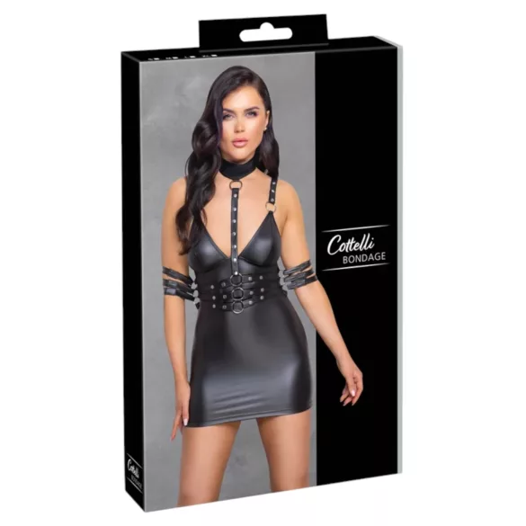 Cottelli Bondage - sjajna mini haljina sa okovratnikom (crna) - XL