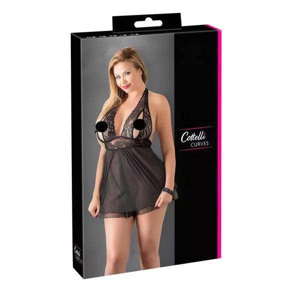Cottelli Plus Size - lepršava čipkasta babydoll haljina (crna) - 2XL