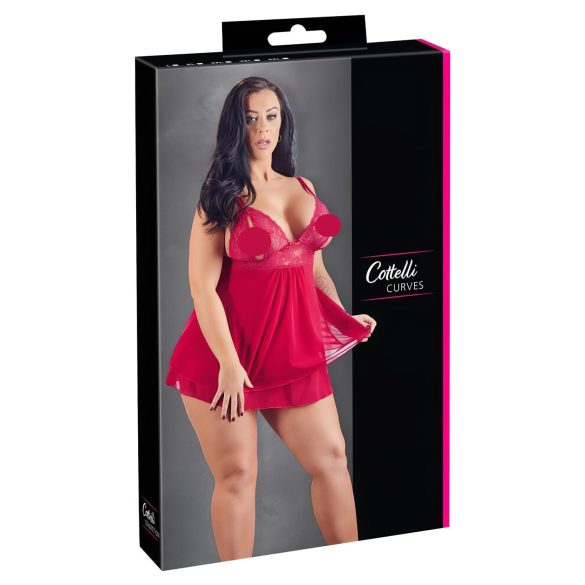 Cottelli Plus Size - čipkasta lepršava babydoll haljina (crvena)
