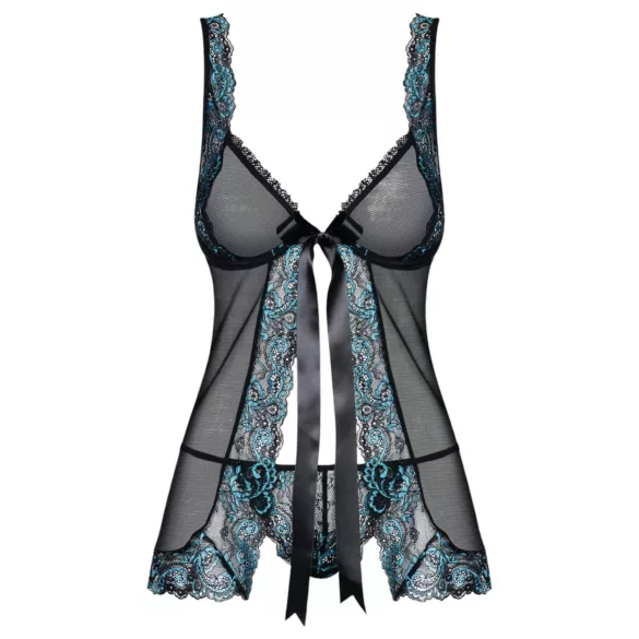 Obsessive Amanta - vezeno babydoll i tanga (crno-tirkizna) - L/XL