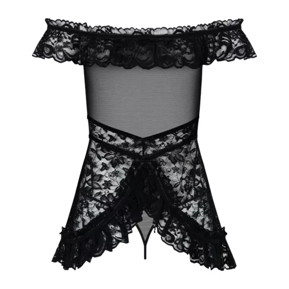 Obsessive Flores - set babydoll i tanga sa volanima (crna) - L/XL