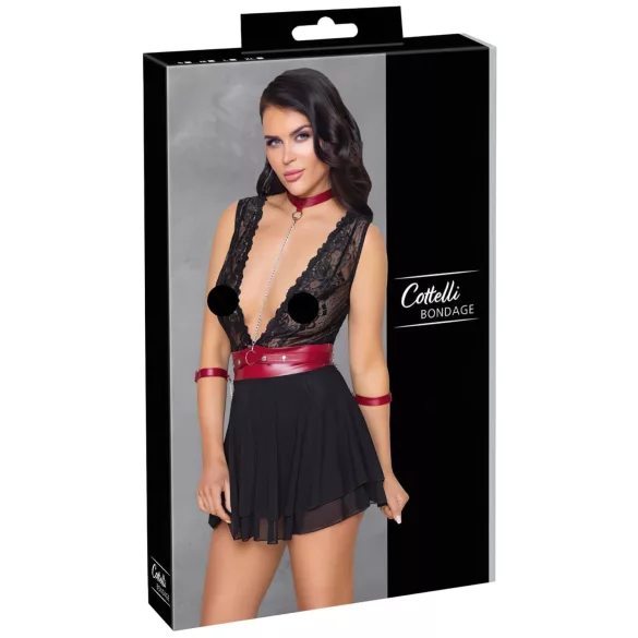 Cottelli Bondage - crna čipkasta babydoll haljina s okovratnikom - L