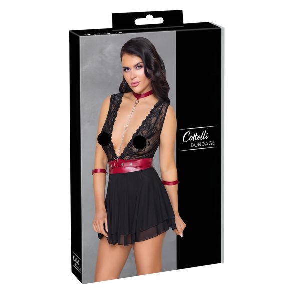 Cottelli Bondage - crna čipkasta babydoll haljina s okovratnikom - XL