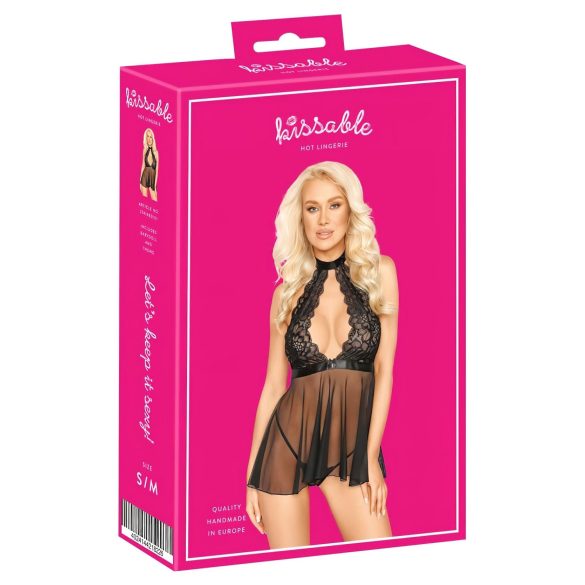 Poljubivi - čipkasta babydoll haljina s okovratnikom (crna) - L/XL