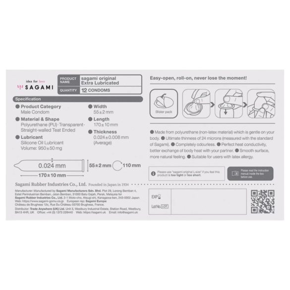 Sagami Original 0.02 - ekstra podmazani kondomi - 55mm (12 kom)