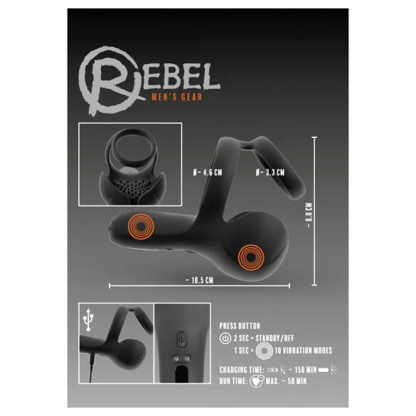 Rebel - vibrirajući penis-prsten za stimulaciju testisa i međunožja (crni)